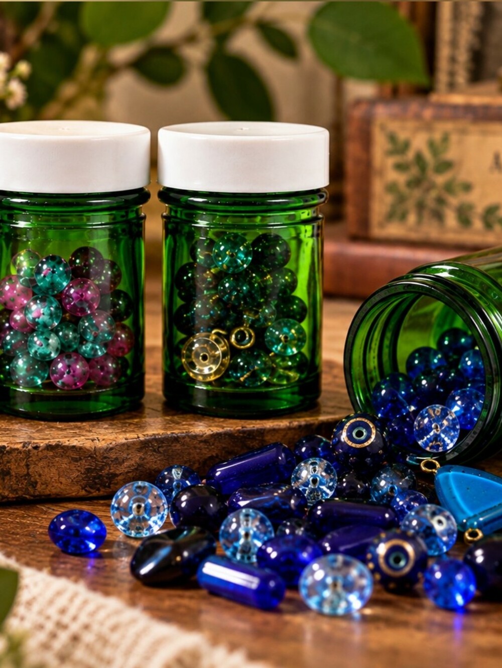 Vintage Green Glass Apothecary Jars Set of 4 with Assorted Beads, Vintage